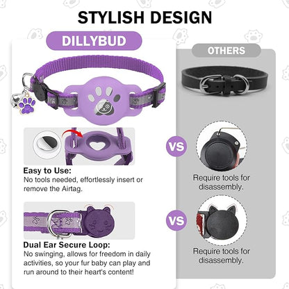 Airtag Cat Collar Breakaway, Reflective Kitten Collar with Bell and Apple Air Tag Holder, GPS Cute Cat Collar, Glow in The Dark Pet Collars for Boy Girl Cats, Kittens, Puppies, Purple