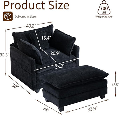 SweetGO corporation 40" Chenille Lounge Chair for Reading, Modern Couch Cozy Sofa Bed, Upholstered Living Room Single Sofa Accent Chair with Ottoman Set of 2, Black