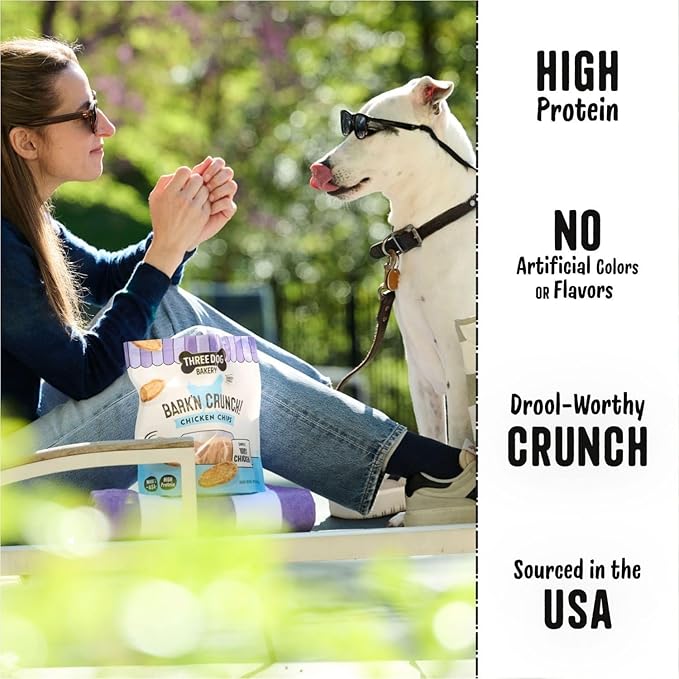 Three Dog Bakery Bark’N Crunch! Chicken Chips, Small 4oz, Cheese Flavor, Crunchy Dog Treats, Two Ingredients, High Protein Snacks, Chicken Treats, Low Calorie Healthy Training Treat, Made in USA