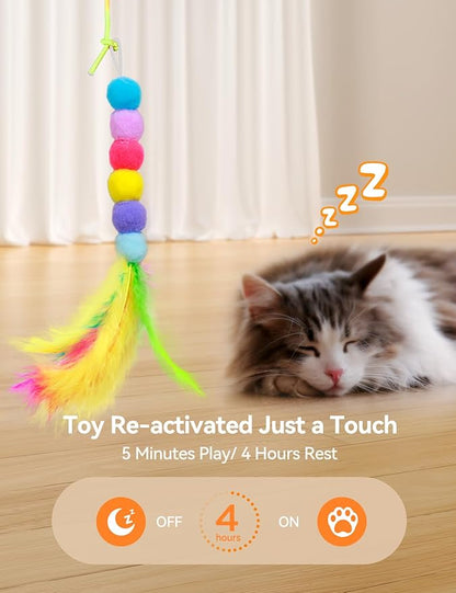 FEELNEEDY Laser Interactive Cat Toys, LED Light, 8 PCS Replacement Teaser with Bell Refills, Feather & Mouse Cats Toy, Hanging Cat Toys for Indoor Cats, for Bored Adult Kitten Exercise, Silver