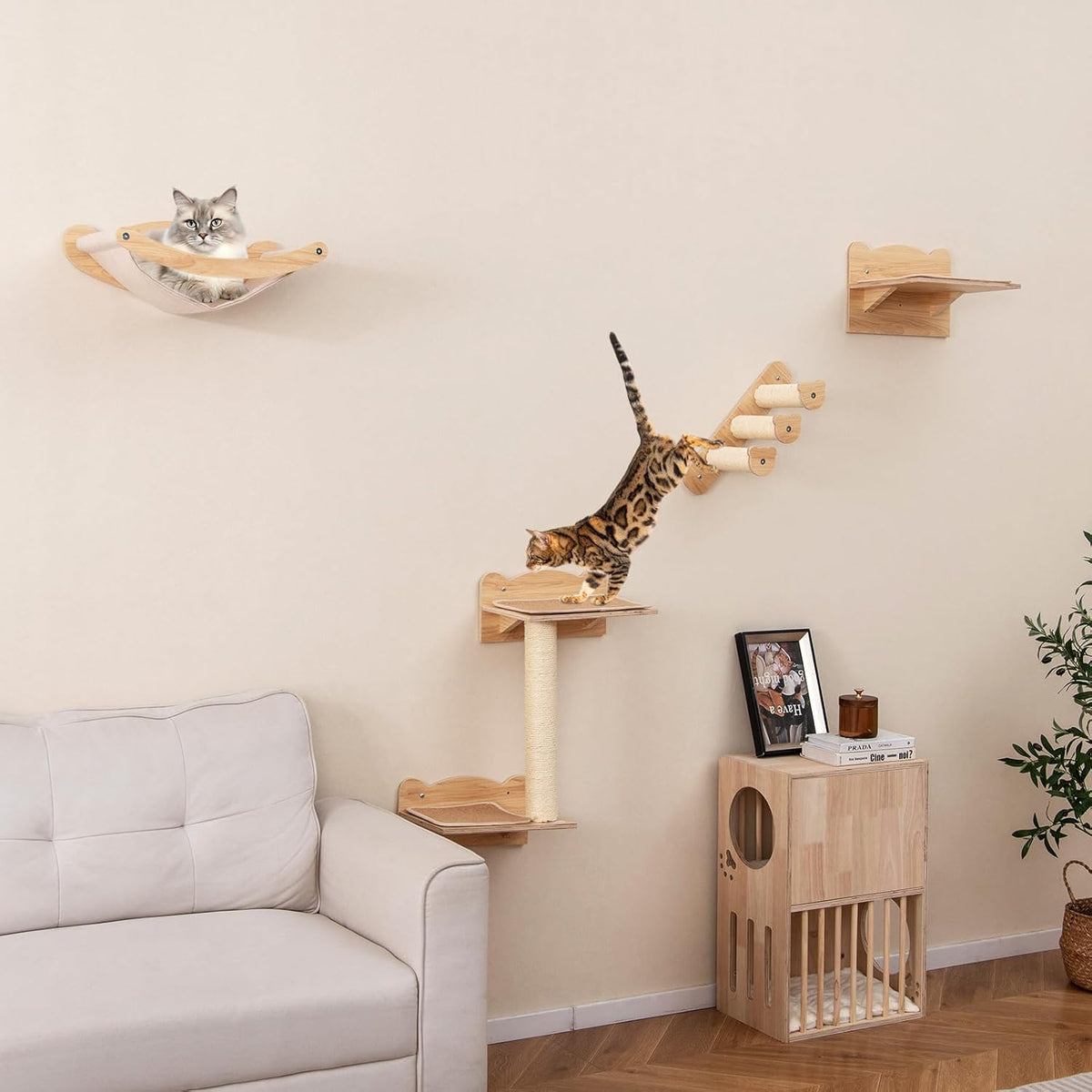 Tangkula Cat Wall Shelves, Wall Mounted 4pcs Kitten Furniture Set with Hammock, 2-Step Kitty Tree, Perch, Non-Slip Carpet Mat, Sisal Stairs & Scratching Posts, Wooden Cat Climber Steps (Natural)