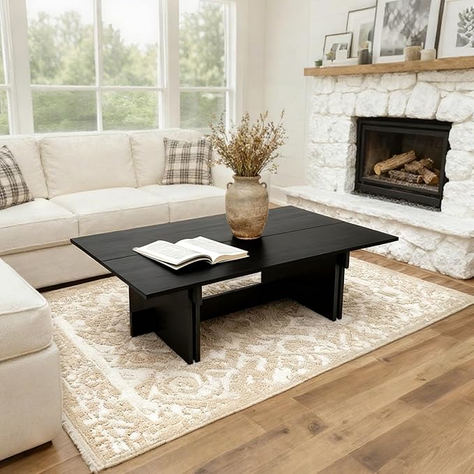 47 Inch Modern Farmhouse Coffee Table, Large Rectangular Wood Center Table with Cross Base for Living Room, Rustic Industrial Cocktail Table, Black