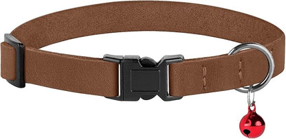 Breakaway Cat Collar Leather with Removable Bell - 13 Colors Available - Soft Adjustable Girl Boy Safety Lightweight Pet Kitten Collars Pink Brown Blue Green Red Orange Black (Cognac)