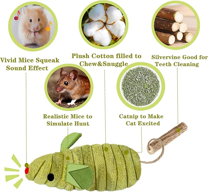 Cat Toys, 3 Mice Catnip Toy Crinkle Sound for Indoor Cat with Silvervine Chew Stick for Dental Chirping Mouse Plush Kitten Cleaning Teeth Matatabi Bite Interactive Cat Kitty Gifts