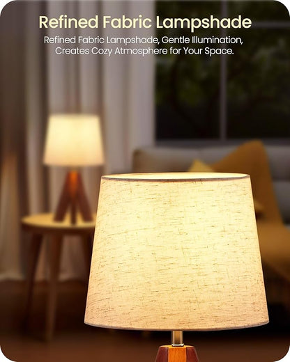 Small Tripod Table Lamp, Modern Nightstand Lamp with Fabric Shade, Boho Bedside Wood Desk Lamp for Bedroom, Kids Room, Living Room, Office, Study, Dark Wood and Beige, LE51TL05