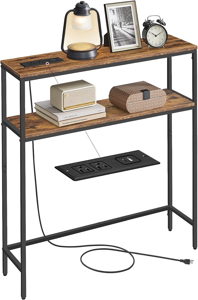 VASAGLE Console Table with Power Outlet, 2-Tier Narrow Sofa Table with 2 Shelves, 7.9 x 31.5 x 31.5 Inches, for Living Room, Hallway, Entryway, Rustic Brown and Ink Black ULNT135K01