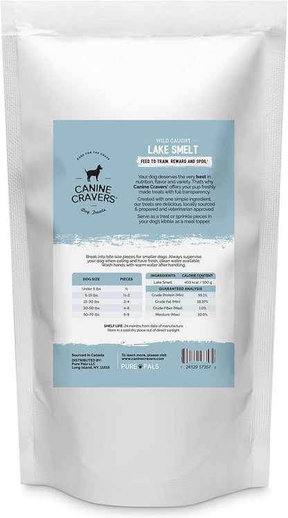 Canine Cravers Single Ingredient Dog Treats – Wild Caught Lake Smelt - Human Grade Air Dried Hypoallergenic Pet Food – Grain, Gluten, and Soy Free – 100% All Natural – 3 oz