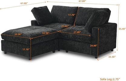 JACH 67" Love Seat Sectional Couches with Chaise Ottoman, Modern Convertible Modular Sofa, Cloud Sectional Couch, Sofa Covers Washable, Minimalist Couch for Living Room, Bedroom, Apartment, Black