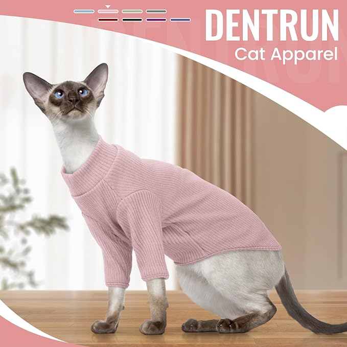 DENTRUN Sphynx Hairless Cats Shirt Pullover Kitten T-Shirts, Breathable Cat Wear Turtleneck Sweater Adorable Cat's Clothes Vest Pajamas Jumpsuit