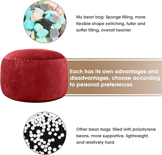 Bean Bag Chairs for Adults - Memory Foam Furniture BeanBag Chair - Kids/Teens Sofa with Soft Micro Fiber Cover - Round Fluffy Couch for Living Room Bedroom College Dorm - 3 ft, Red