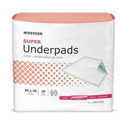 McKesson Super Underpads, Moderate Absorbency, 30 x 36 in, 10 ct | Disposable Chux Pads for Adults, Elderly, and Baby, Pee Pads, Adult Incontinence Bed Pads