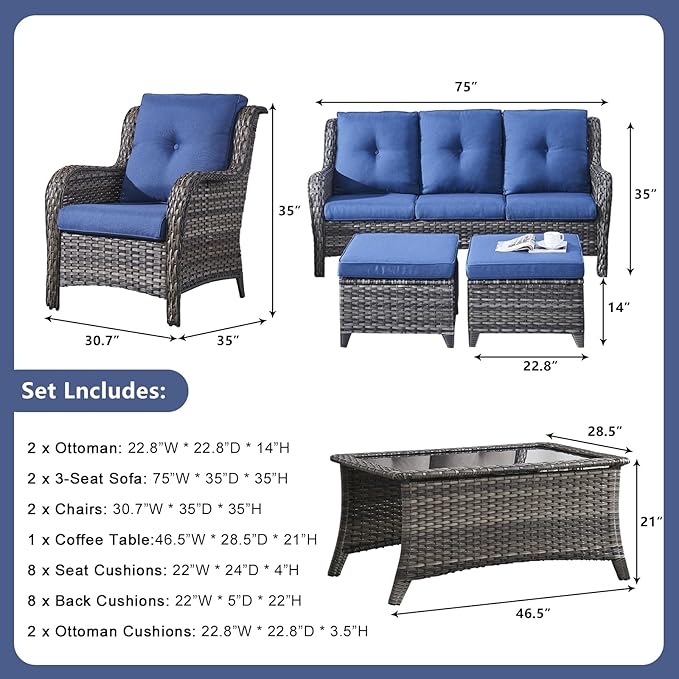 Rilyson Wicker Patio Furniture Sofa Set - 7 Piece Rattan Outdoor Patio Sectional Conversation Sets with 2 Sofa,2 Armrest Chairs,1 Coffee Table and 2 Ottomans for Porch Deck Garden(Mixed Grey/Blue)