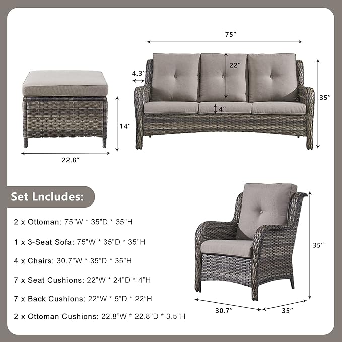 Rilyson Wicker Patio Furniture Set - 7 Piece Rattan Outdoor Sectional Conversation Sets with 1 Sofa,4 Armrest Chairs and 2 Ottomans for Porch Deck Garden(Mixed Grey/Grey)