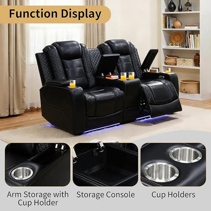Caberryne Power Recliner Sofa Set with LED Lights,Leather Reclining Couch and Loveseat Set with USB Port/Coffee Table/Cup Holder,Living Room Set with 4 Recliner Seats for House(2 Piece Set,Black)