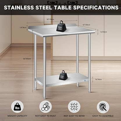 PIUMACU Stainless Steel Table All Stainless Table Commercial Metal Prep & Worktable for Garage Restaurant Kitchen - 30 x 12 x 33 Inch with Backsplash