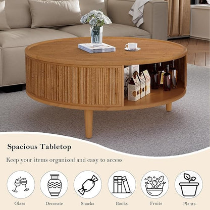 Round Coffee Table - Bamboo Woven Tabletop & Anti-Skid Solid Wood Legs 30.5" Rustic Center Tables with with Ample Storage Space for Living Room Apartment (Round 30.5in)