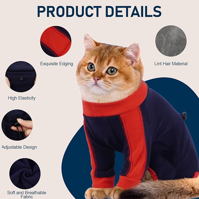 Cat Pajamas for Cats Only, Sticky Hair Cat Clothes, Long Sleeve Sphynx Clothes, Anti-Licking or Skin Disease Recovery Suit for Female Cats, Kitten Onesie Pajamas, DarkBlue, XS