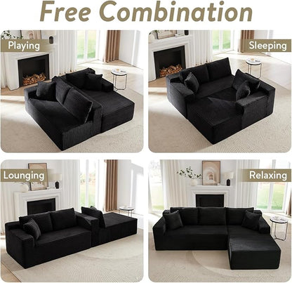 104 Inch Cloud Sectional Couch with L-Shape Chaise,Modern Upholstered Couches with Deep Seat,Corduroy Sponge Compressed Sofa for Living Room, Bedroom,No Assembly Required(Black)