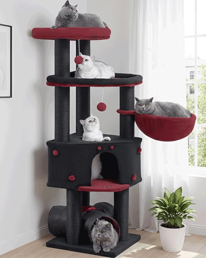 Cat Tree Tower for Indoor Cats Large Adult - Heavy Duty Extra Wide Scratching Post (φ4.4in) Maine Coon Condo House with Hammock Tunnel - 60 Inch XL Feline Bed Trees - Big Multi Level Cat Houses Stand