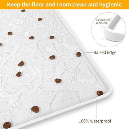 Ptlom Pet Placemat for Dog and Cat, Waterproof Silicone Pet Feeding Bowl Mats for Food and Water, Small Medium Large Dogs Mat Prevent Residues from Spilling to Floor, White, 11.8"x11.8"