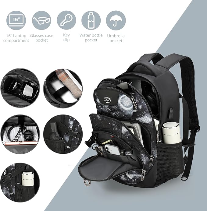 Swissdigital Laptop Backpack with USB Charging Port, Travel Backpack Fits 15.6 inches Computer, 31L Backpack for Men, Starry Sky | SD803-98