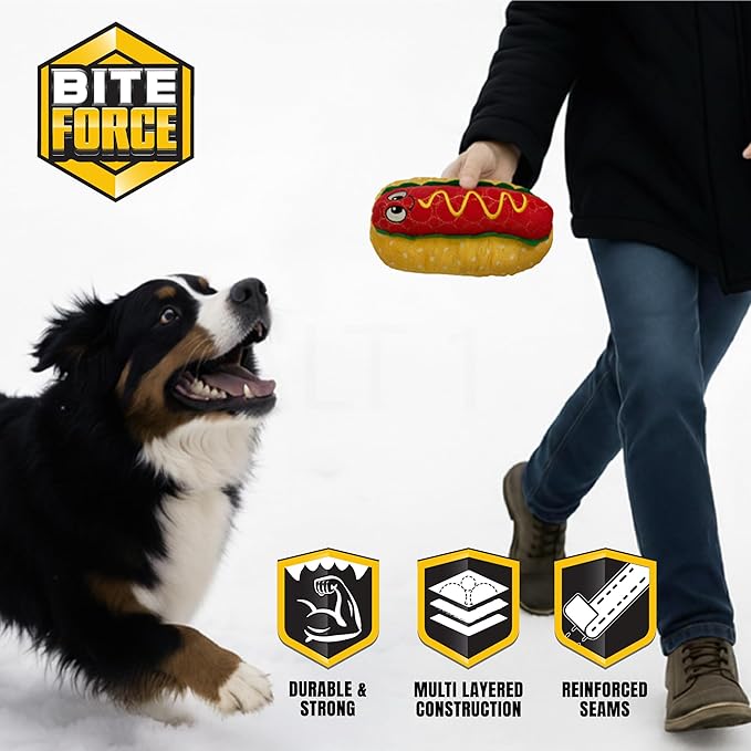 Bite Force - Durable & Strong Dog Toy Wieny Wiggle with Squeaker, Kevlar-Reinforced Seams for Aggressive chewers- red.