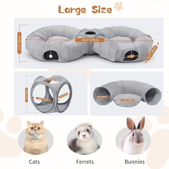 Pawaboo 2-in-1 Cat Tunnel Bed for Indoor Cats, 8-Shaped Large Cat Tunnels with Plush Cushions, Foldable Cats Cave Hideout Kitty Toys with Fluffy Balls, Donut Tunnel for Kitten Rabbit Ferret, Grey