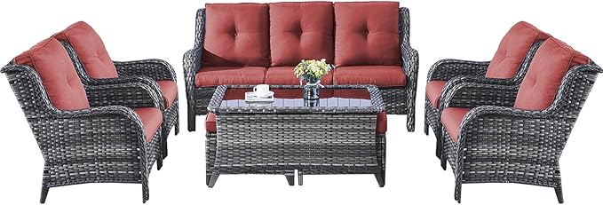 Rilyson Wicker Patio Furniture Chairs Set - 8 Piece Rattan Outdoor Patio Sectional Conversation Sets with Sofa,4 Armrest Chairs,1 Coffee Table and 2 Ottomans for Porch Deck Garden(Mixed Grey/Red)