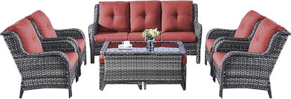Rilyson Wicker Patio Furniture Chairs Set - 8 Piece Rattan Outdoor Patio Sectional Conversation Sets with Sofa,4 Armrest Chairs,1 Coffee Table and 2 Ottomans for Porch Deck Garden(Mixed Grey/Red)