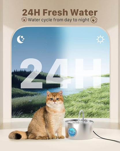 Cat Water Fountain Stainless Steel: 74oz/2.2L Cat Fountain for Drinking - Pet Water Fountain for Cats Inside - Quiet Cats Water Bowl Dispenser - Kitty Drinking Fountains - for Pets& Small Animals