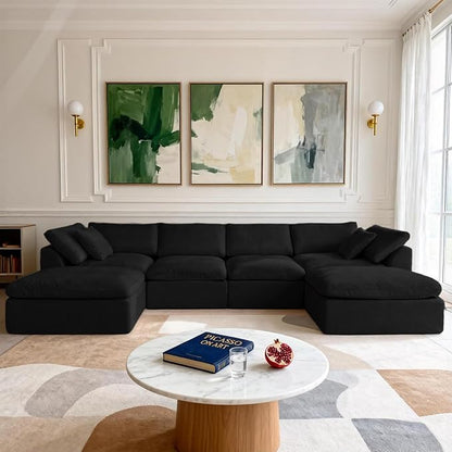 Cloud Modular Sectional Sofa Couch,141” U-Shape Sofa with Wide Armrest, Modern High-Density Sponge Compressed Couch for Living Room, Bedroom,No Assembly Needed (Black, 4 Seats+ 2 Ottoman)