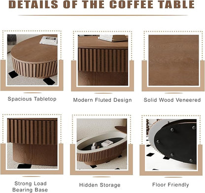 FGXJY Oval Coffee Table with Storage, Modern Walnut Coffee Table with Solid Wood Veneered, Fluted Center Table Wood Drum Tea Table for Living Room Apartment, 47.2''L×23.6''W×14.2''H