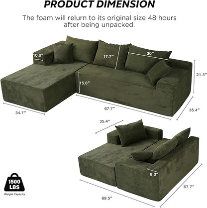 Green Sectional Couches for Living Room, Boneless Couch with L-Shape Chaise, Modular Sofa in Box with Deep Seat, No Assembly Required