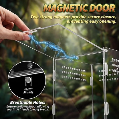 Hushee 2 Pcs Acrylic Reptile Terrarium Easy Assembly, 360° Clear & Keep Pet Secure Design for Jumping Spiders, Tarantulas, Frog, Mantis, Geckos, Ventilated Habitat Terrarium Enclosure 9.8*5.9*5.9in