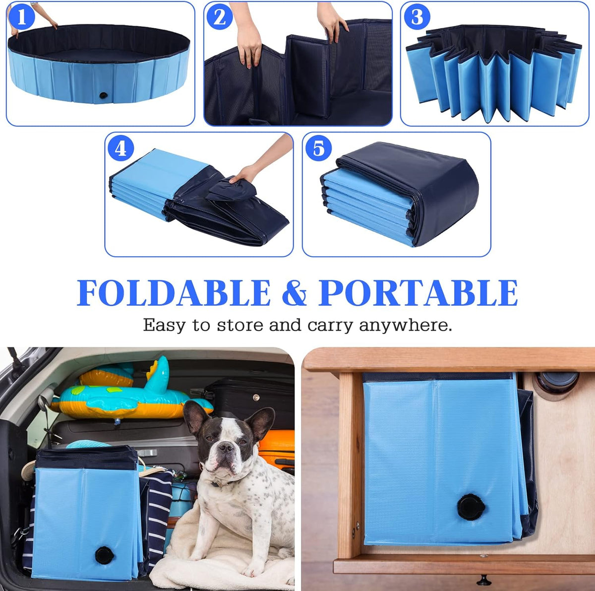 Foldable Dog Bath Swimming Pool Plastic Kiddie Pool Professional Tub Collapsible Grooming Bathtub for Pets Kids Baby and Toddler, 79 x 12 Inches Blue