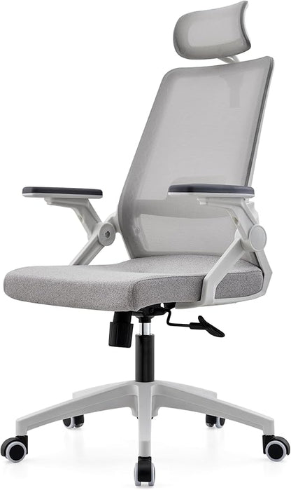Msdizuo Ergonomic Office Computer Chair for All-Day Comfort, Dynamic Lumbar Support & Adjustable Headrest, 90° Swivel Flip-Up Arms Mesh Desk Chair - White, Tilt Lock, 350lbs