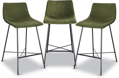 Poly & BARK Paxton Leather Counter Stools 24 Inches – Set of 3 - Counter Height Bar Stools – Barstools for Kitchen Island or Counters – Faux Leather & Matte Black Steel Base – Distressed Green Velvet