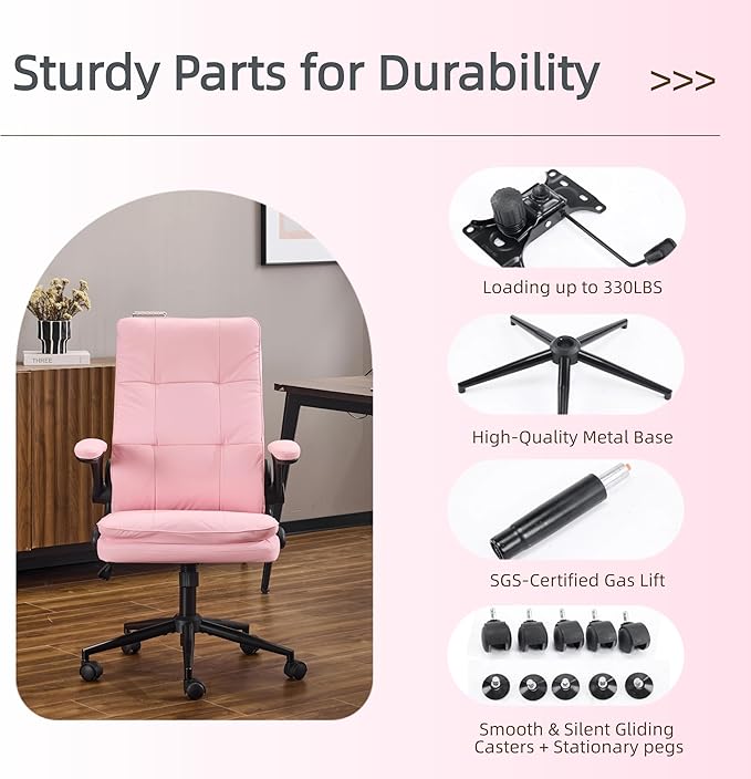 VINGLI Comfy Pink Leather Office Desk Chair,High-Back Ergonomic Computer Small Gaming Chair with/No Wheels,Adjustable Height,Flip-Up Arms,360° Swivel for Vanity,Home Office,Adults,Teen,Girls&Women