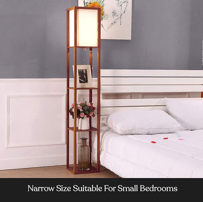 Brightech Maxwell - Modern Shelf Floor Lamp with Lamp Shade and LED Bulb - Corner Display Floor Lamps with Shelves for Living Room, Bedroom and Office - Walnut Brown