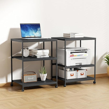 Vokumba Large Printer Stand with Wheels, 3 Tier Printer Table for Home Office, Rolling Printer Cart with Adjustable Storage Shelf for Shredder Scanner Fax (Black)