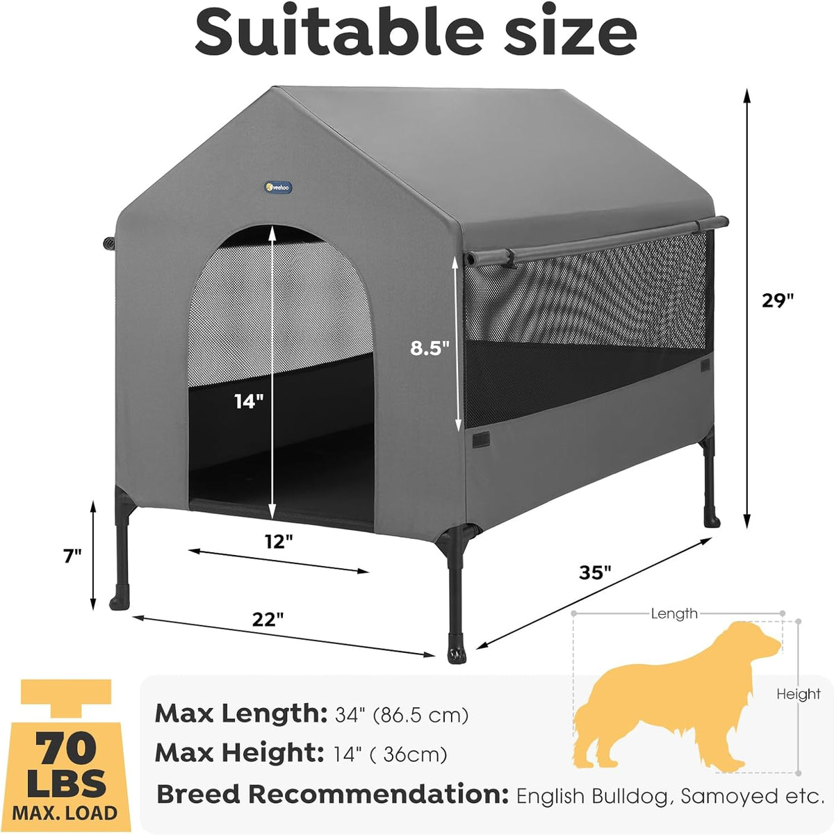 Veehoo 35" Dog House, 2-in-1 Large Dog House Outdoor Indoor Weatherproof, Outside Elevated Dog Cot Bed Dog Tent Shade, Three-Sided Breathable Mesh Windows and Sunshades, CWC2435CP