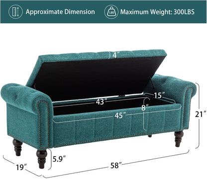 58’’ Storage Bench for Bedroom, Upholstered Button-Tufted Ottoman with Solid Wood Legs, Queen Size End of Bed Shoe Cabinet, Window Seat Foot Rest Stool for Entryway, Living Room (Teal)