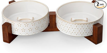 MALACASA Dog Bowl Set, Ceramic Bowls with Walnut Wood Stand, 1.5 Cups | Five-Leaf Grass and Honeycomb Design, Non-Slip Base, for Cats and Dogs, About 26% Heavier than Similar Ceramic Bowls