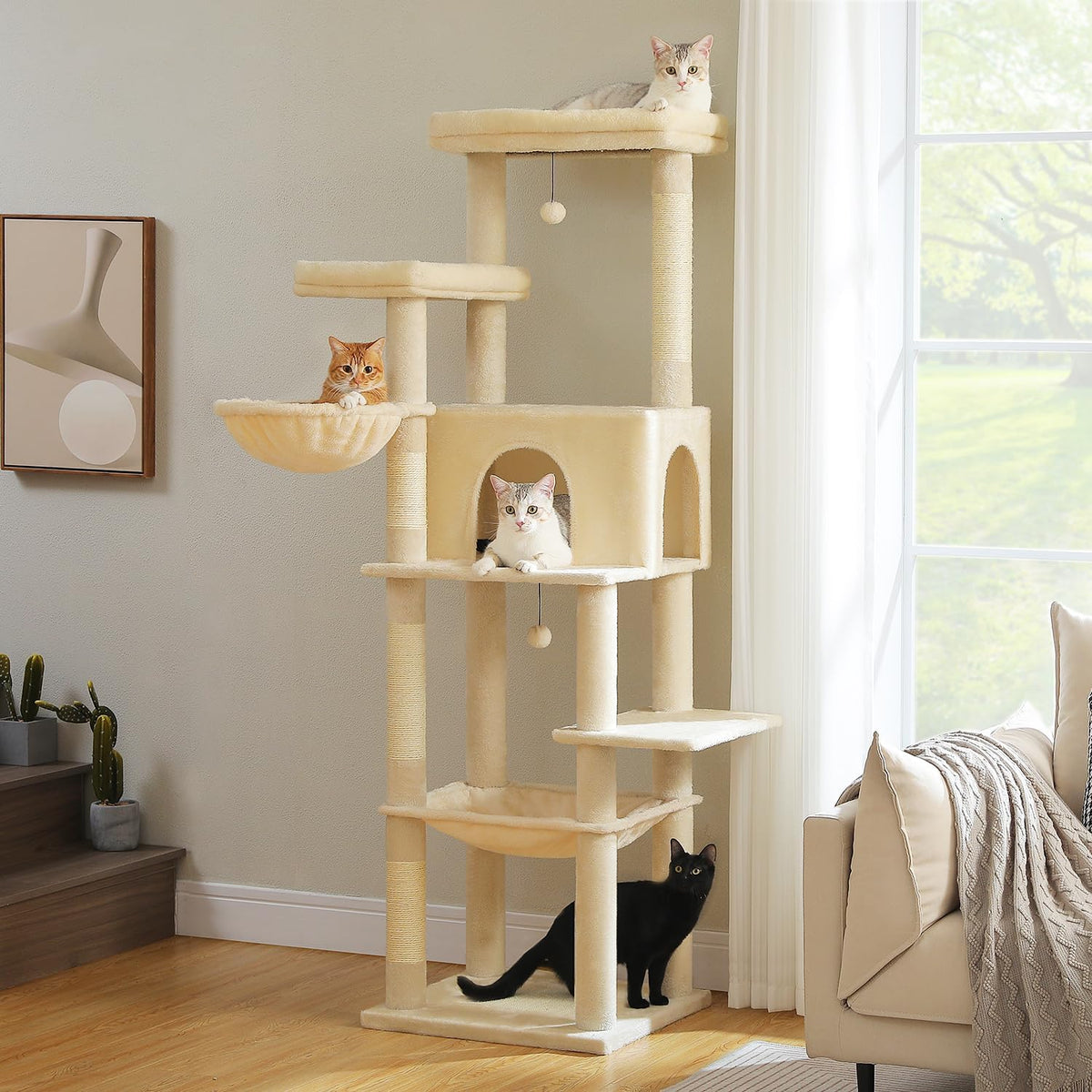 PAWZ Road Large Cat Tree, 73 Inches Tall Cat Tower with 1 Large Padded Perch,2 Spacious Hammocks,8 Long Scratching Posts, XL Plush Cat Condo for Indoor Adult Cats,Beige