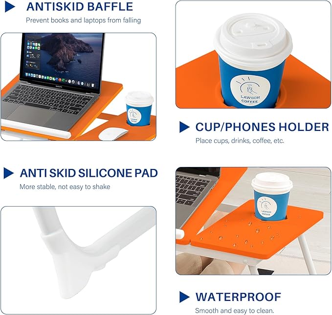 Laptop Desk for Bed Couch, Adjustable Foldable Bed Table with Cup Holder, Breakfast Serving Tray, Portable Laptop Lap Desk Stand for Working Reading Writing Eating Gaming (Orange)