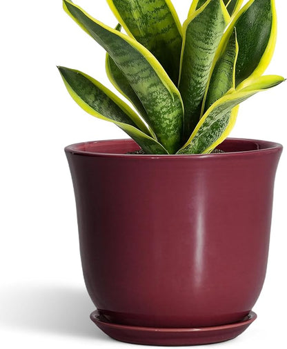 Ceramic Planter - 8 Inch Plant Pot with Drainage Hole and Saucer, Round Planter for Indoor Outdoor, Modern Flower Pots, Porch Garden Home Decor, Gifts for Plant Lovers, Red