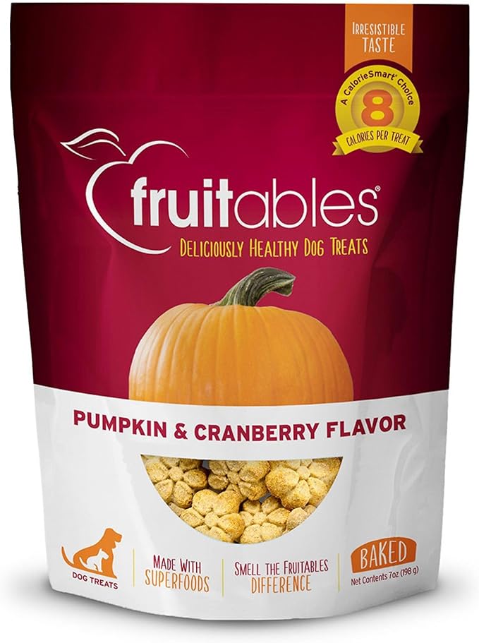 Fruitables Baked Dog Treats, Healthy Pumpkin Snacks for Dogs, Low Calorie & Delicious, No Wheat, Corn or Soy, Puppy Training Treats, Made in the USA, Pumpkin and Cranberry Flavor, 7oz