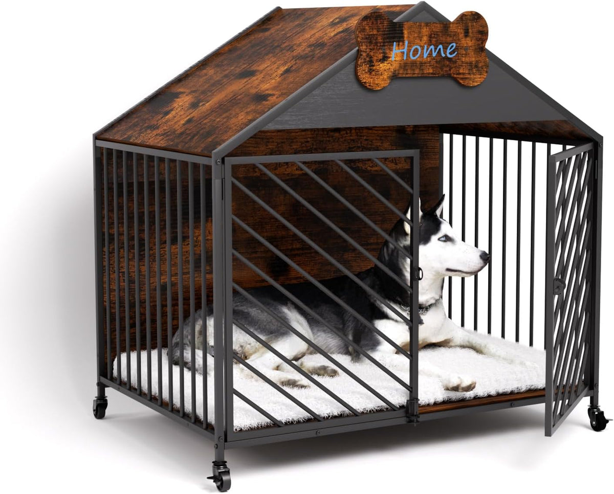 Furniture-Style Dog Crate with Gable Roof Design, Double Locking Doors Indoor Kennel for Small & Medium Dogs, Chew-Proof Escape-Proof Dog Cage, Rustic Brown
