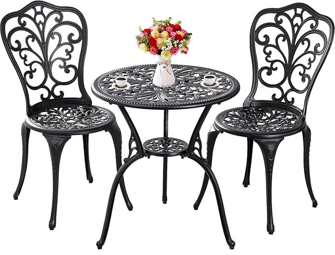 Withniture Outdoor Bistro Set 3 Piece Patio Bistro Set, Cast Aluminum Bistro Table and Chairs Set of 2, Small Patio Table Set for Porch, Black