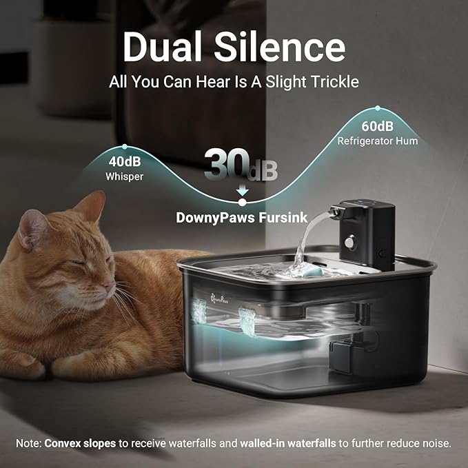 DownyPaws Cat Water Fountain Stainless Steel Cordless, 101 oz/3L FurSink Wireless Cat Water Dispenser for Pets, Battery Operated Pet Drinking Fountain with Motion Sensor, Easy Clean, Black